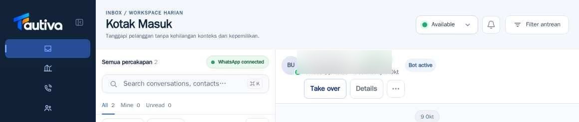 Tampilan nyata halaman Inbox & layanan pelanggan di Tautiva, direkam 13 Oktober 2026.